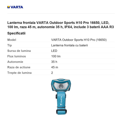 Lanterna frontala VARTA Outdoor Sports H10 Pro 16650, LED, 100 lm, raza 45 m, autonomie 35 h, IPX4, include 3 baterii AAA R3 [2]