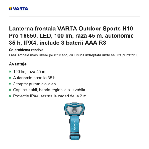 Lanterna frontala VARTA Outdoor Sports H10 Pro 16650, LED, 100 lm, raza 45 m, autonomie 35 h, IPX4, include 3 baterii AAA R3 [1]
