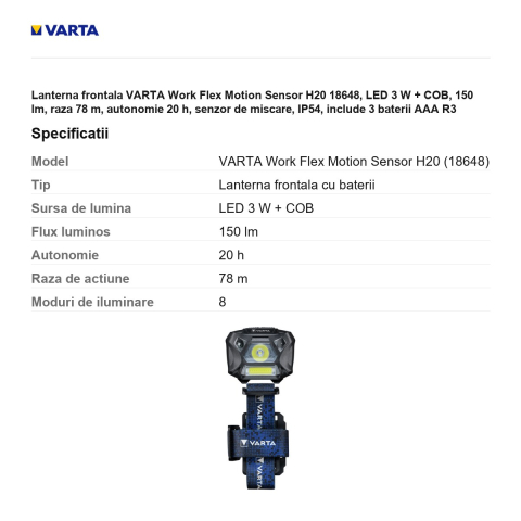 Lanterna frontala VARTA Work Flex Motion Sensor H20 18648, LED 3 W + COB, 150 lm, raza 78 m, autonomie 20 h, senzor de miscare, IP54, include 3 baterii AAA R3 [2]