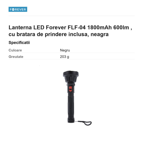 Lanterna LED Forever FLF-04 1800mAh 600lm , cu bratara de prindere inclusa, neagra [2]