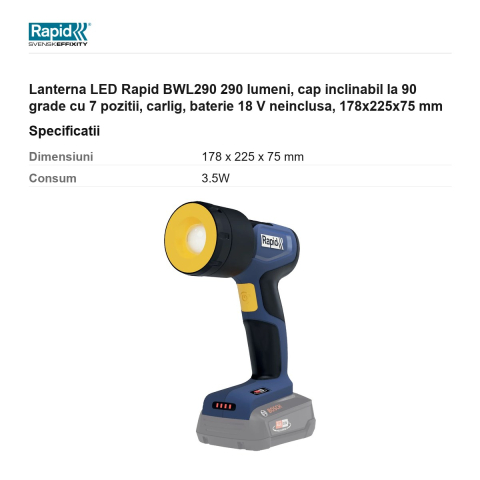 Lanterna LED Rapid BWL290 290 lumeni, cap inclinabil la 90 grade cu 7 pozitii, carlig, baterie 18 V neinclusa, 178x225x75 mm [2]