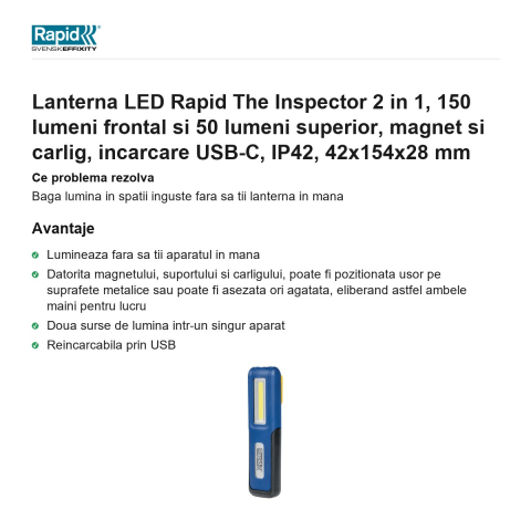 Lanterna LED Rapid The Inspector 2 in 1, 150 lumeni frontal si 50 lumeni superior, magnet si carlig, incarcare USB-C, IP42, 42x154x28 mm [1]
