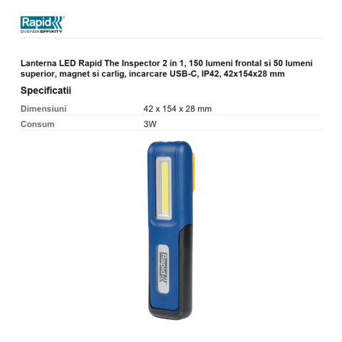 Lanterna LED Rapid The Inspector 2 in 1, 150 lumeni frontal si 50 lumeni superior, magnet si carlig, incarcare USB-C, IP42, 42x154x28 mm [2]
