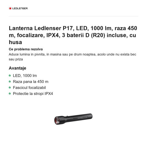 Lanterna Ledlenser P17, LED, 1000 lm, raza 450 m, focalizare, IPX4, 3 baterii D (R20) incluse, cu husa [1]