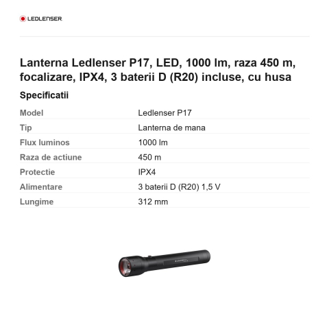 Lanterna Ledlenser P17, LED, 1000 lm, raza 450 m, focalizare, IPX4, 3 baterii D (R20) incluse, cu husa [2]