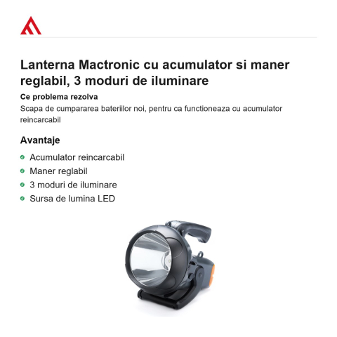 Lanterna Mactronic cu acumulator si maner reglabil, 3 moduri de iluminare [1]