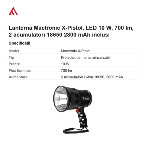 Lanterna Mactronic X-Pistol, LED 10 W, 700 lm, 2 acumulatori 18650 2800 mAh inclusi [2]