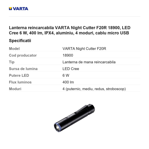 Lanterna reincarcabila VARTA Night Cutter F20R 18900, LED Cree 6 W, 400 lm, IPX4, aluminiu, 4 moduri, cablu micro USB [2]