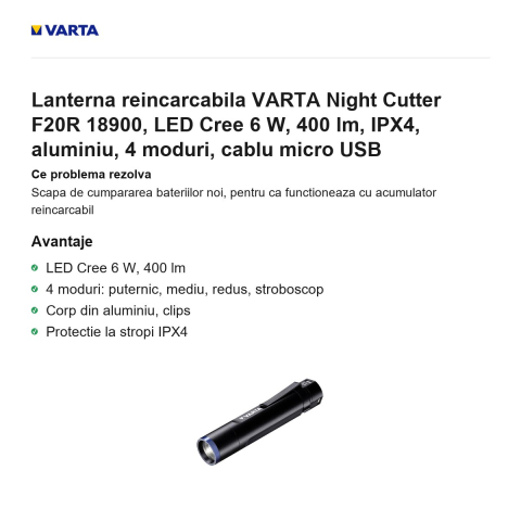 Lanterna reincarcabila VARTA Night Cutter F20R 18900, LED Cree 6 W, 400 lm, IPX4, aluminiu, 4 moduri, cablu micro USB [1]