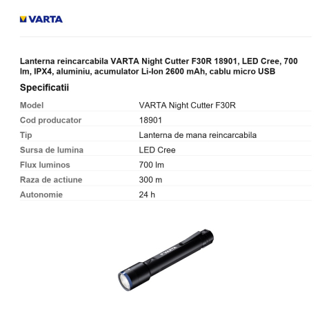 Lanterna reincarcabila VARTA Night Cutter F30R 18901, LED Cree, 700 lm, IPX4, aluminiu, acumulator Li-Ion 2600 mAh, cablu micro USB [2]