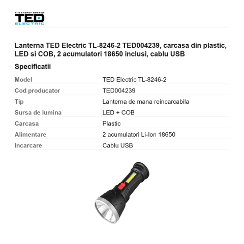 Lanterna TED Electric TL-8246-2 TED004239, carcasa din plastic, LED si COB, 2 acumulatori 18650 inclusi, cablu USB [2]