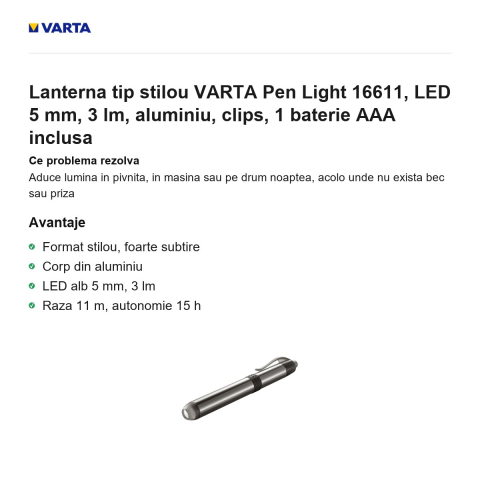 Lanterna tip stilou VARTA Pen Light 16611, LED 5 mm, 3 lm, aluminiu, clips, 1 baterie AAA inclusa [1]