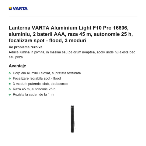 Lanterna VARTA Aluminium Light F10 Pro 16606, aluminiu, 2 baterii AAA, raza 45 m, autonomie 25 h, focalizare spot - flood, 3 moduri [1]