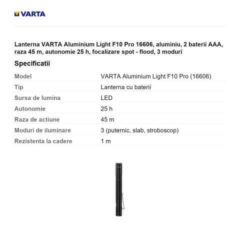 Lanterna VARTA Aluminium Light F10 Pro 16606, aluminiu, 2 baterii AAA, raza 45 m, autonomie 25 h, focalizare spot - flood, 3 moduri [2]