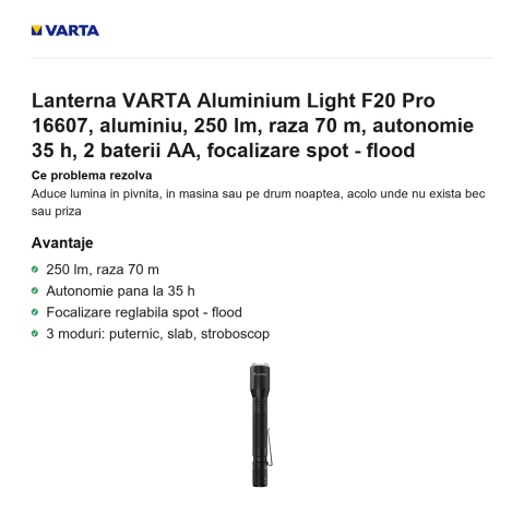 Lanterna VARTA Aluminium Light F20 Pro 16607, aluminiu, 250 lm, raza 70 m, autonomie 35 h, 2 baterii AA, focalizare spot - flood [1]