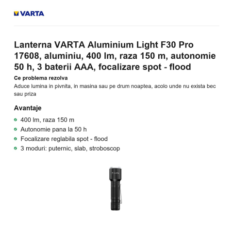 Lanterna VARTA Aluminium Light F30 Pro 17608, aluminiu, 400 lm, raza 150 m, autonomie 50 h, 3 baterii AAA, focalizare spot - flood [1]