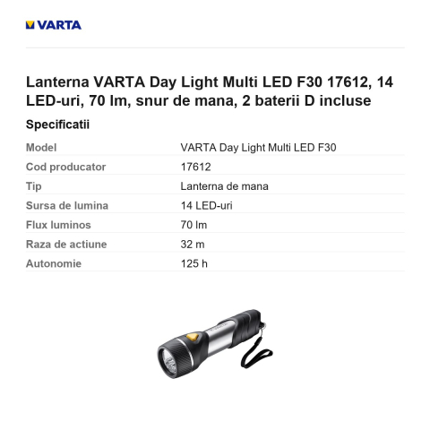 Lanterna VARTA Day Light Multi LED F30 17612, 14 LED-uri, 70 lm, snur de mana, 2 baterii D incluse [2]