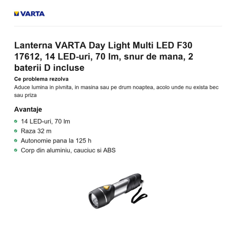 Lanterna VARTA Day Light Multi LED F30 17612, 14 LED-uri, 70 lm, snur de mana, 2 baterii D incluse [1]