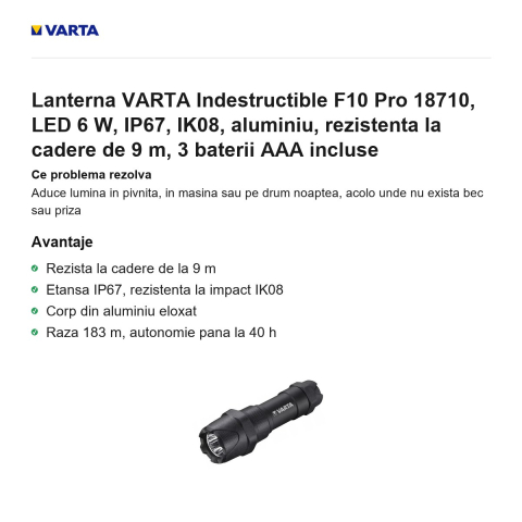 Lanterna VARTA Indestructible F10 Pro 18710, LED 6 W, IP67, IK08, aluminiu, rezistenta la cadere de 9 m, 3 baterii AAA incluse [1]