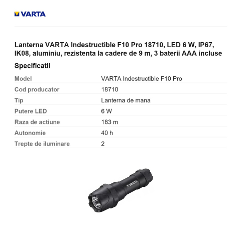 Lanterna VARTA Indestructible F10 Pro 18710, LED 6 W, IP67, IK08, aluminiu, rezistenta la cadere de 9 m, 3 baterii AAA incluse [2]