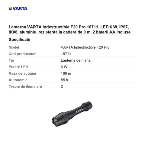 Lanterna VARTA Indestructible F20 Pro 18711, LED 6 W, IP67, IK08, aluminiu, rezistenta la cadere de 9 m, 2 baterii AA incluse [2]