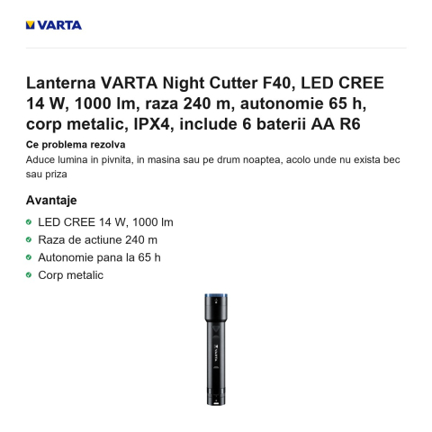 Lanterna VARTA Night Cutter F40, LED CREE 14 W, 1000 lm, raza 240 m, autonomie 65 h, corp metalic, IPX4, include 6 baterii AA R6 [1]