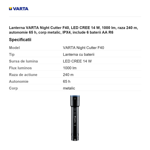 Lanterna VARTA Night Cutter F40, LED CREE 14 W, 1000 lm, raza 240 m, autonomie 65 h, corp metalic, IPX4, include 6 baterii AA R6 [2]