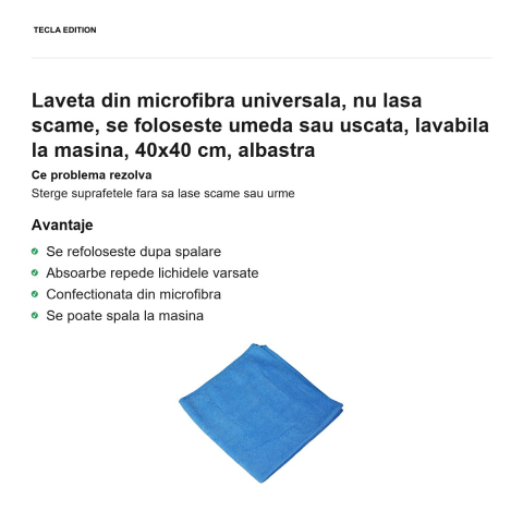 Laveta din microfibra universala, nu lasa scame, se foloseste umeda sau uscata, lavabila la masina, 40x40 cm, albastra [1]