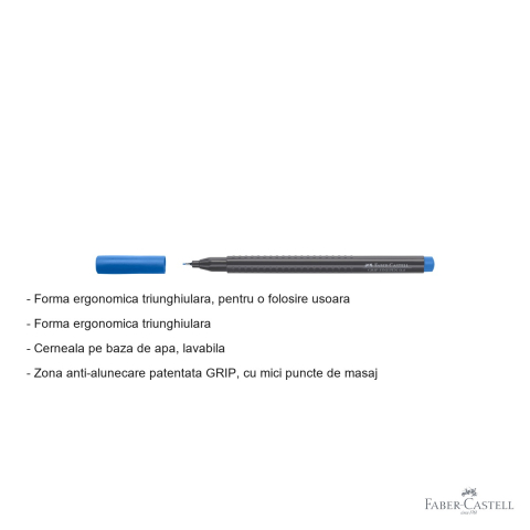 Liner 0.4 mm albastru Faber-Castell Grip, forma ergonomica triunghiulara, pentru desen tehnic si scriere de precizie [1]