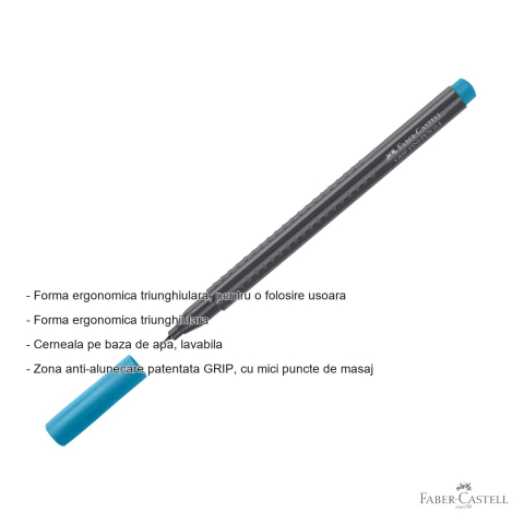 Liner 0.4 mm Faber-Castell Grip, cobalt-turcoaz, forma ergonomica triunghiulara, pentru desen tehnic si scris de precizie [1]