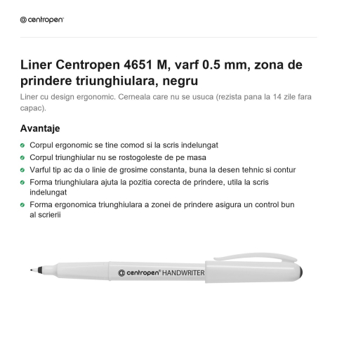 Liner Centropen 4651 M, varf 0.5 mm, zona de prindere triunghiulara, negru [1]