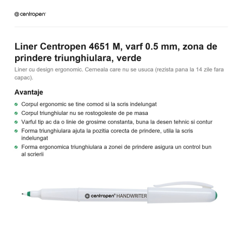 Liner Centropen 4651 M, varf 0.5 mm, zona de prindere triunghiulara, verde [1]