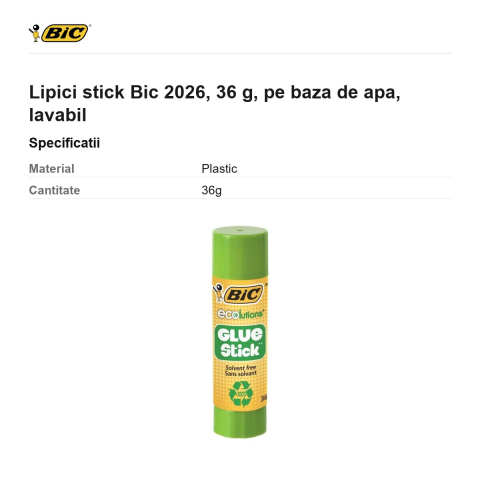 Lipici stick Bic 2026, 36 g, pe baza de apa, lavabil [2]