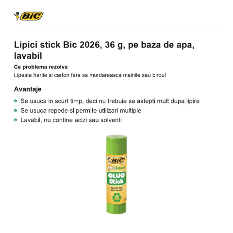 Lipici stick Bic 2026, 36 g, pe baza de apa, lavabil [1]
