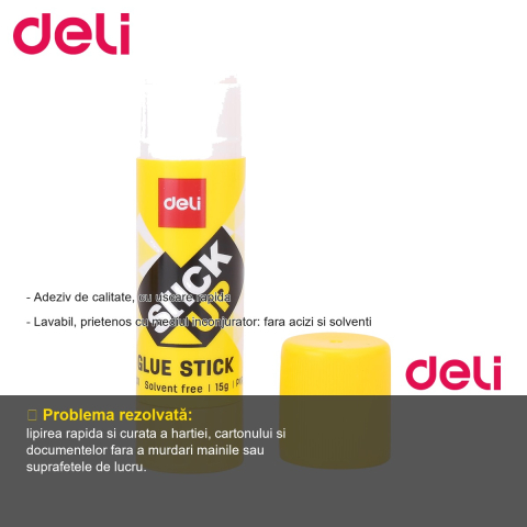 Lipici stick Deli 15g, adeziv cu uscare rapida, lavabil, pentru birou si scoala [1]