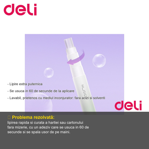 Lipici stick Deli Nusign, 2.2g, violet, uscare rapida 60 secunde, forma creion cu clips, lavabil [1]
