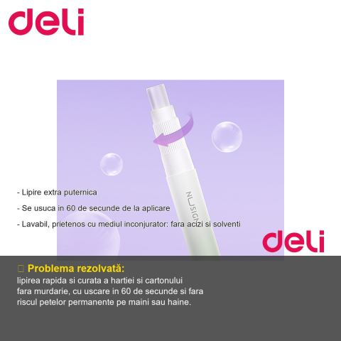 Lipici stick Deli Nusign, roz, 2.2g, uscare rapida 60 secunde, fara acizi si solventi [1]
