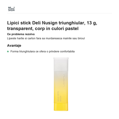 Lipici stick Deli Nusign triunghiular, 13 g, transparent, corp in culori pastel [1]