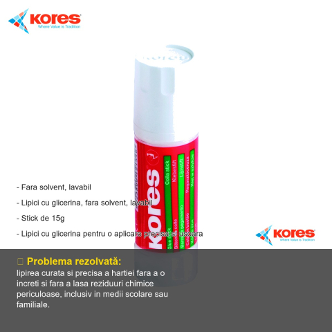 Lipici stick Kores 15g, cu glicerina, fara solvent, lavabil, pentru birou si scoala [1]