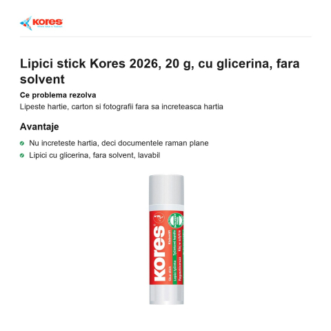 Lipici stick Kores 2026, 20 g, cu glicerina, fara solvent [1]