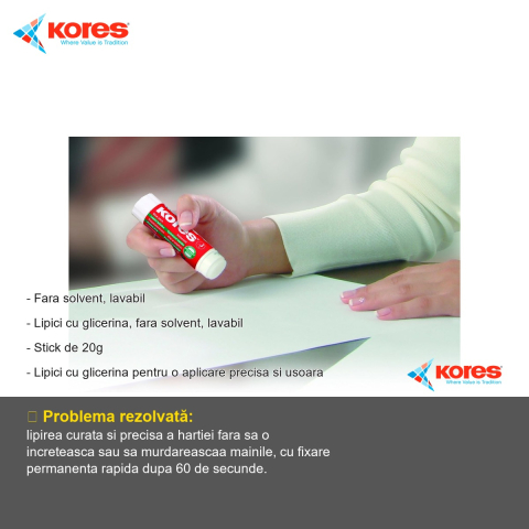 Lipici stick Kores 20g, cu glicerina, fara solvent, lavabil, pentru hartie si birou [1]