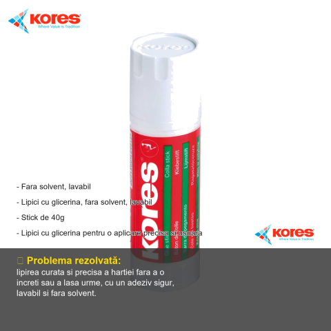 Lipici stick Kores 40g, cu glicerina, fara solvent, lavabil, pentru birou si scoala [1]