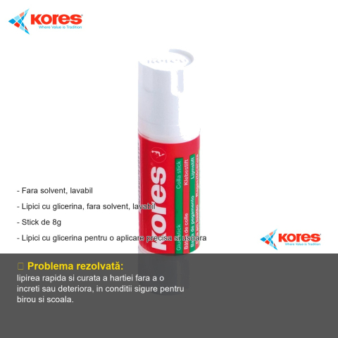 Lipici stick Kores 8g, cu glicerina, fara solvent, lavabil, pentru birou si scoala [1]