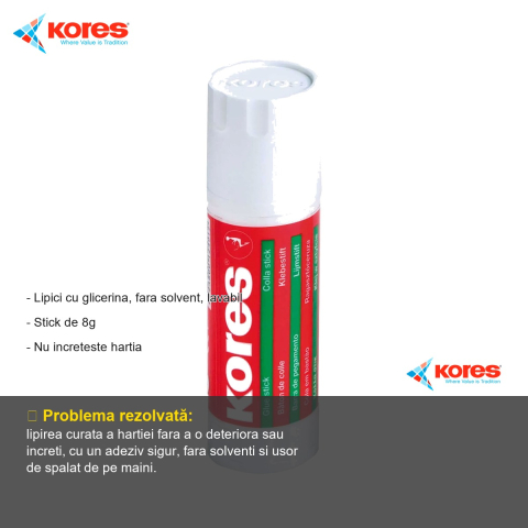 Lipici stick Kores 8g, formula cu glicerina fara solvent, lavabil, pentru hartie si materiale scolare [1]