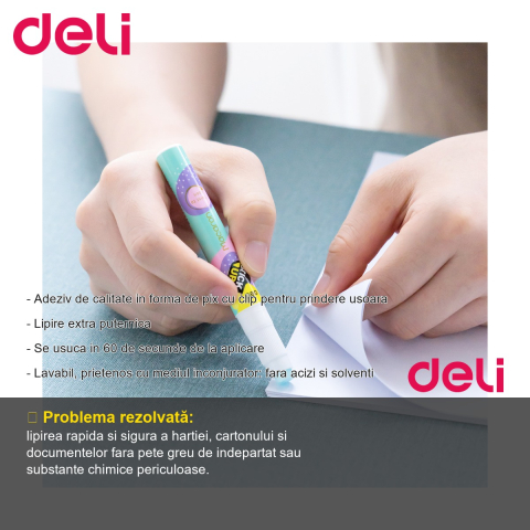 Lipici tip creion Deli, 2.6g, uscare rapida 60 secunde, lavabil, pentru birou si scoala [1]
