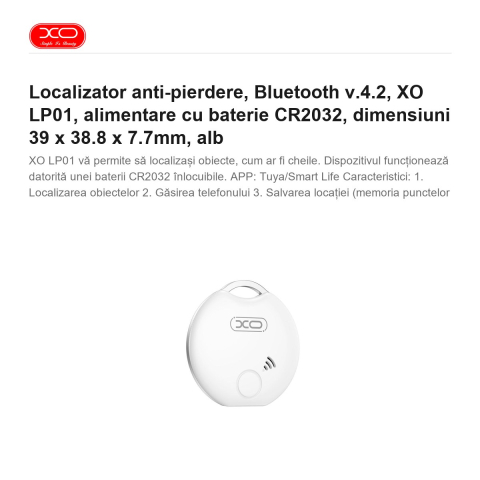 Localizator anti-pierdere, Bluetooth v.4.2, XO LP01, alimentare cu baterie CR2032, dimensiuni 39 x 38.8 x 7.7mm, alb [1]