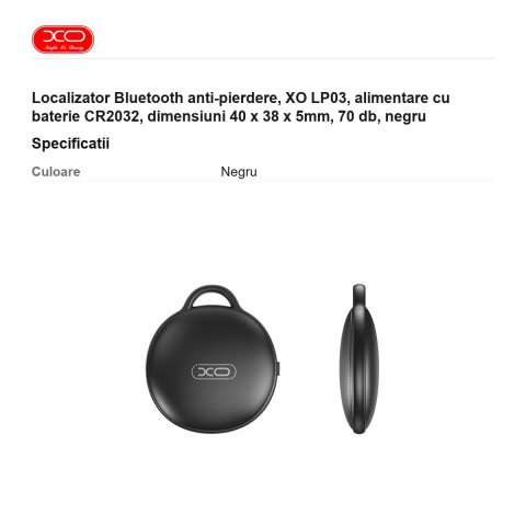 Localizator Bluetooth anti-pierdere, XO LP03, alimentare cu baterie CR2032, dimensiuni 40 x 38 x 5mm, 70 db, negru [2]