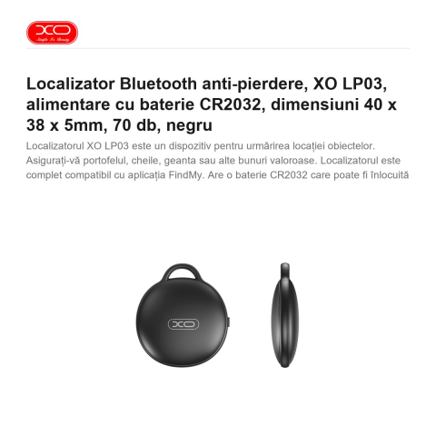 Localizator Bluetooth anti-pierdere, XO LP03, alimentare cu baterie CR2032, dimensiuni 40 x 38 x 5mm, 70 db, negru [1]
