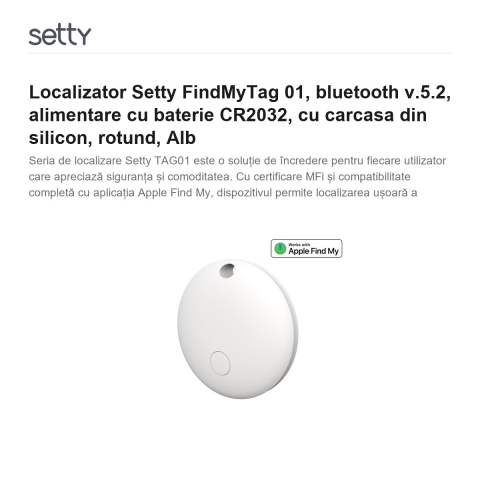 Localizator Setty FindMyTag 01, bluetooth v.5.2, alimentare cu baterie CR2032, cu carcasa din silicon, rotund, Alb [1]