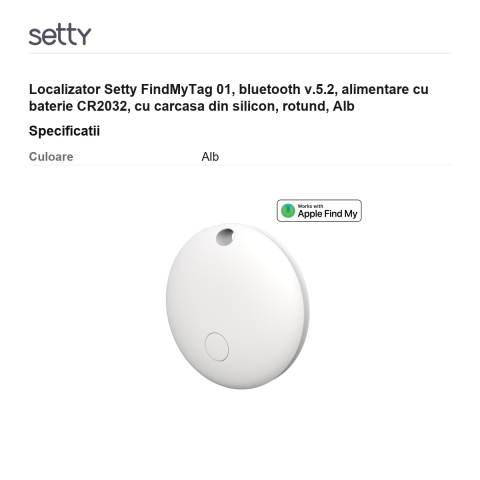 Localizator Setty FindMyTag 01, bluetooth v.5.2, alimentare cu baterie CR2032, cu carcasa din silicon, rotund, Alb [2]